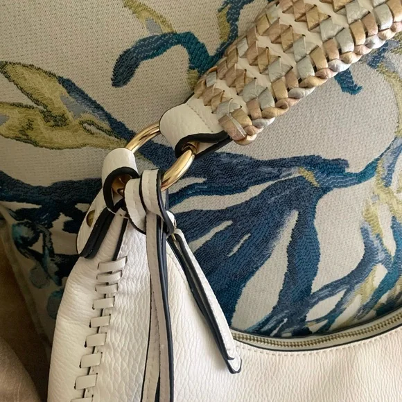 Sondra Roberts White Faux Pebble Leather Hobo Bag w Metallic Gold Braided Strap - Picture 10 of 14